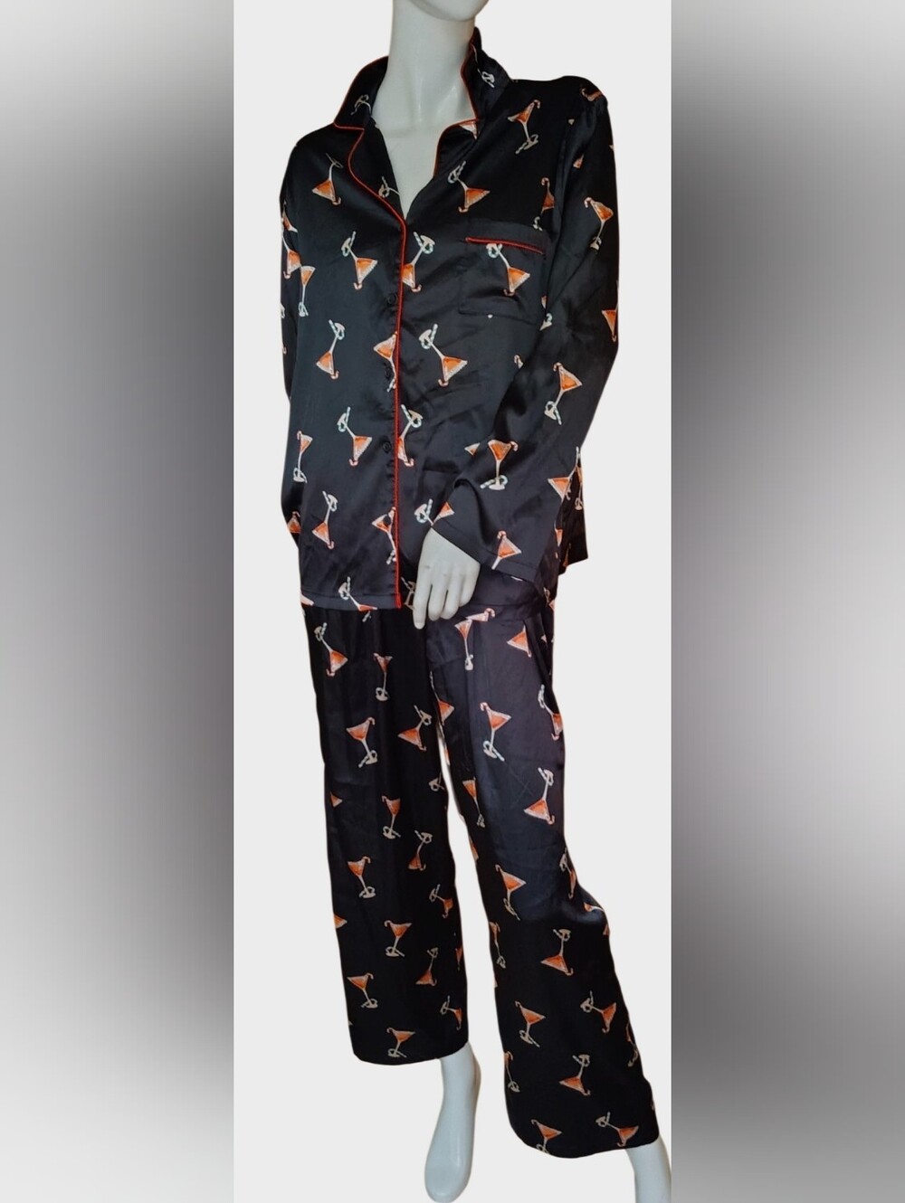 Tahari Black Satin Pajama Set with Pink Cocktail Print Christmas Sz Xl